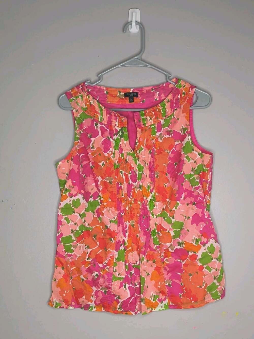 Talbots Tank Top Womens Petite Size 8P Pink Multicolor Pleated Top Cotton